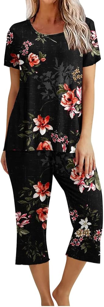 Womens Sleepwear Tops With Capri Pants Pajama Sets Casual Loose Floral Print 2 Piece Outfits Matching Lounge Sets