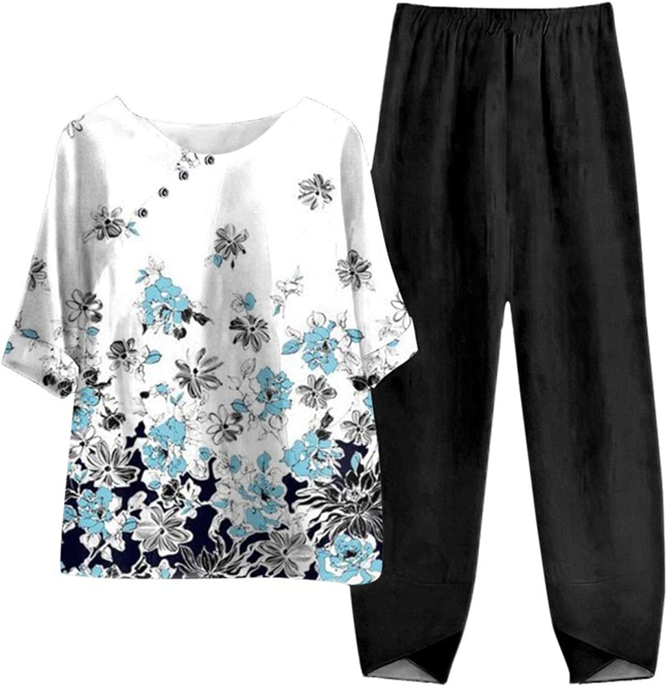 Plus Size Two Piece Sets For Women Summer Printed Half Sleeve Shirt With Casual Pants Sets Lounge Wear Matching Sets