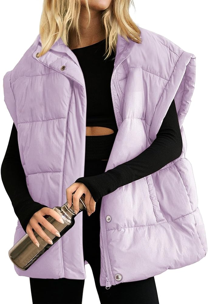 Songling Womens Oversized Puffer Vest Stand Collar Full Zip Sleeveless Bubble Puffer Vest Quilted Padded Warm Coat Outwear