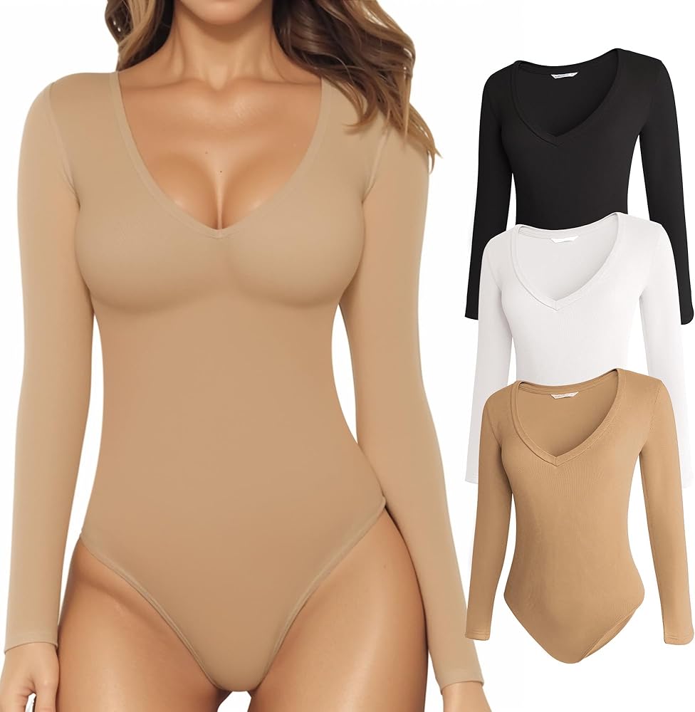 MANGOPOP Bodysuits for Women Long Sleeve Deep V Neck Tops