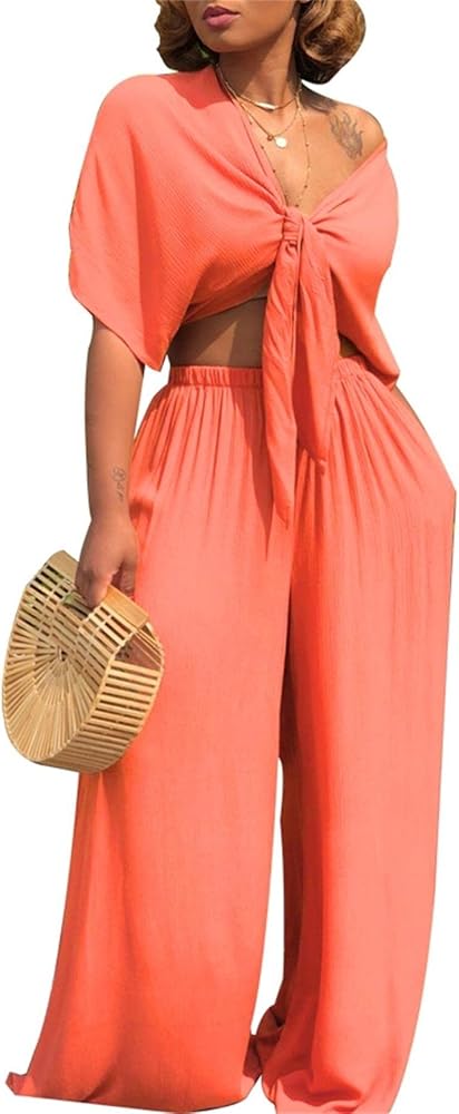 Womens Casual Two Piece Outfits Short Sleeve Crop Top and Wide Leg Pants Set Plus Size