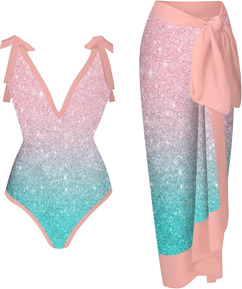 Sexy Sparkly One Piece Swimsuit with Beach Coverups Cute Printed Push Up Bikini Set Two Piece Wrap Skirt Bathing Suit