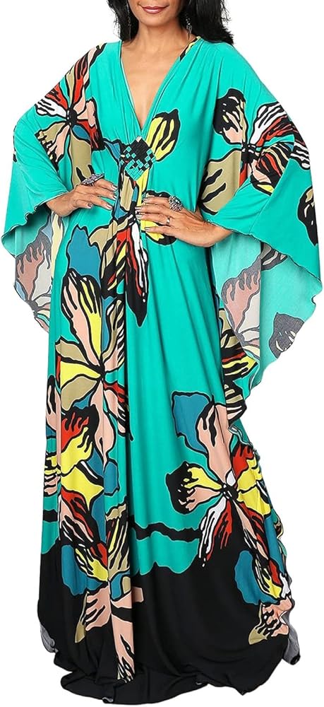 AILUNSNIKA Women Plus Size Turkish Swimsuit Cover Up Batwing Sleeve Kaftan Dress Maxi Beach Caftans