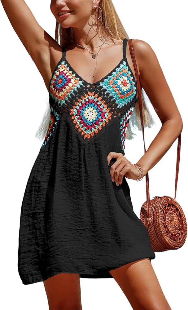 Women Crochet Patchwork Bikini Cover-Ups Dress Summer Sleeveless V Neck Swimwear Trendy Boho Cutout Beach Dress