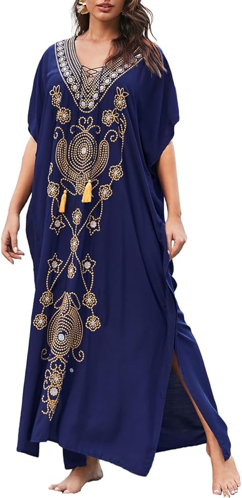 Bsubseach Bathing Suit Cover Ups for Women Embroidered Beach Coverup V Neck Plus Size Dress Kaftan Navy Blue