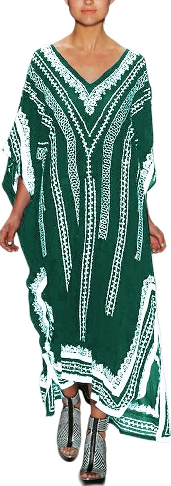 swimsuit cover up Caftan Women Ethnic Print overized beachCover up Vneck Short Sleeve Caftans Fast Dry Caftan Dresses Side Split Bathing Suit Cover Ups Long Beach Dresses (8650-2 A-Green)