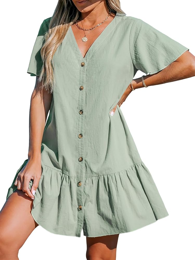 CUPSHE Women's V Neck Button Short Sleeve Flounce Cotton Beach Summer Mini Cover Up Dress