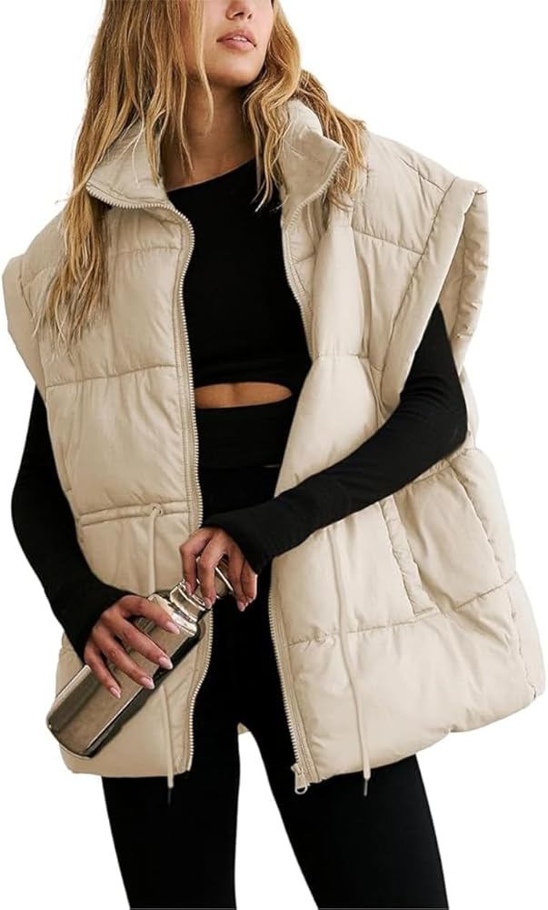 Women's Lightweight Puffer Vest Sleeveless Drawstring Padded Gilet Stand Collar Zip Up Outerwear with Pockets