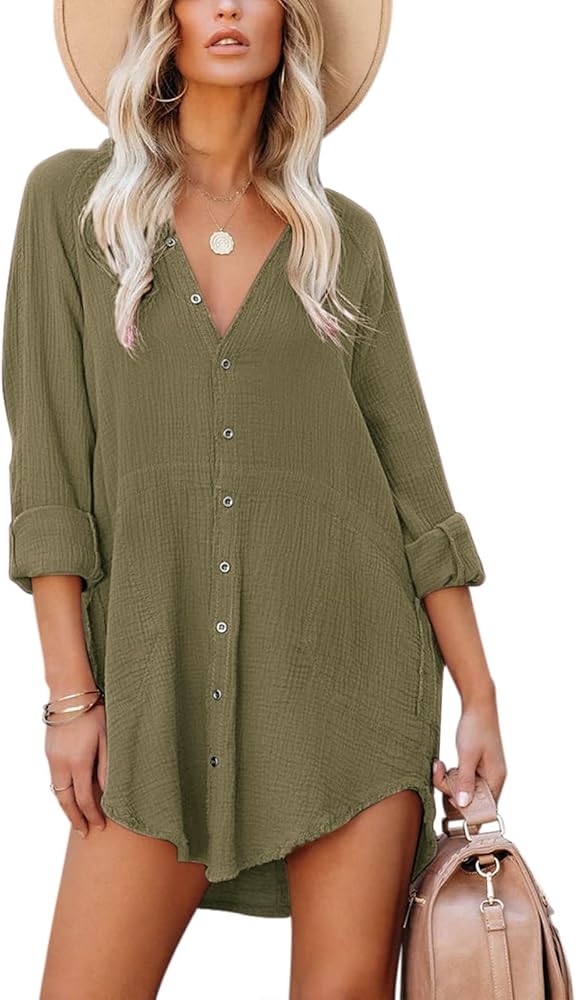 Women's Summer Long Sleeve Beach Cover-ups Casual Button Down Dresses Shirt Oversized Tunic Dress with Pocket