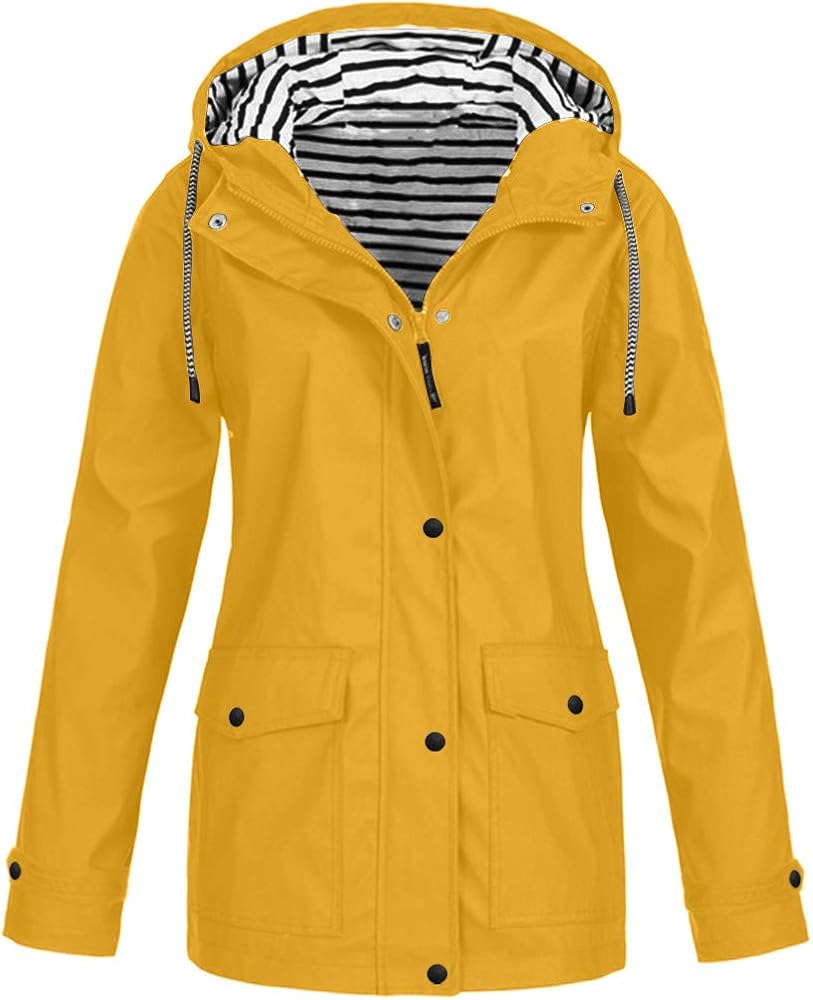 Womens Lightweight Waterproof Hooded Rain Jacket Plus Size Windproof Raincoat Outdoor Hiking Trench Coats with Pockets