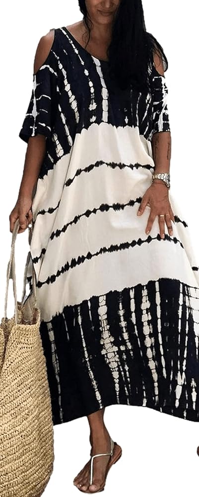 Beach Cover ups Caftan Women's off shoulder black white v Neck Caftans Rayon Ethnic Print Plus Size Caftan Over Sized Half Sleeve Kaftan Lounge wear Maxi Beach Dress 770-0