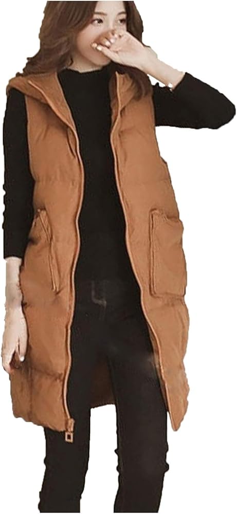 Plus Size Vest Womens Solid Sleeveless Mid-Length Jacket Zipper Hoodie Gilet Coat Pockets Outwear,Khaki,S