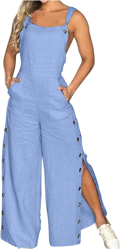 Overalls Women Wide Leg Rompers Spaghetti Strap Playsuits Button Side Split Jumpsuits Casual Jupmers with Pockets