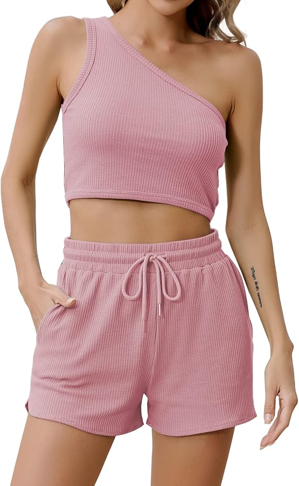 Lamilus Lounge Set for Women 2 Piece Summer Sleeveless Crop Top Shorts Outfits Waffle Active Sweatsuits with Pockets