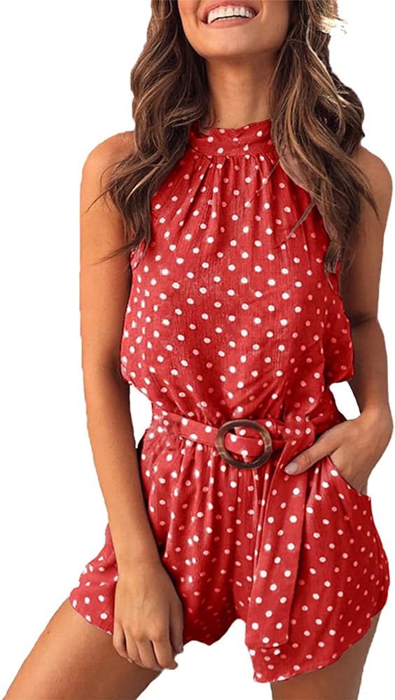 PRETTYGARDEN Women's Summer Shorts Romper Casual Sleeveless Halter Neck Polka Dot One Piece Backless Jumpsuits