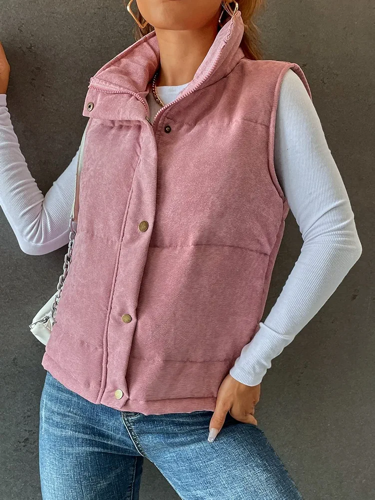 Jackets for Women - Snap Button Zip Up Vest Puffer Coat (Color : Dusty Pink, Size : Large)