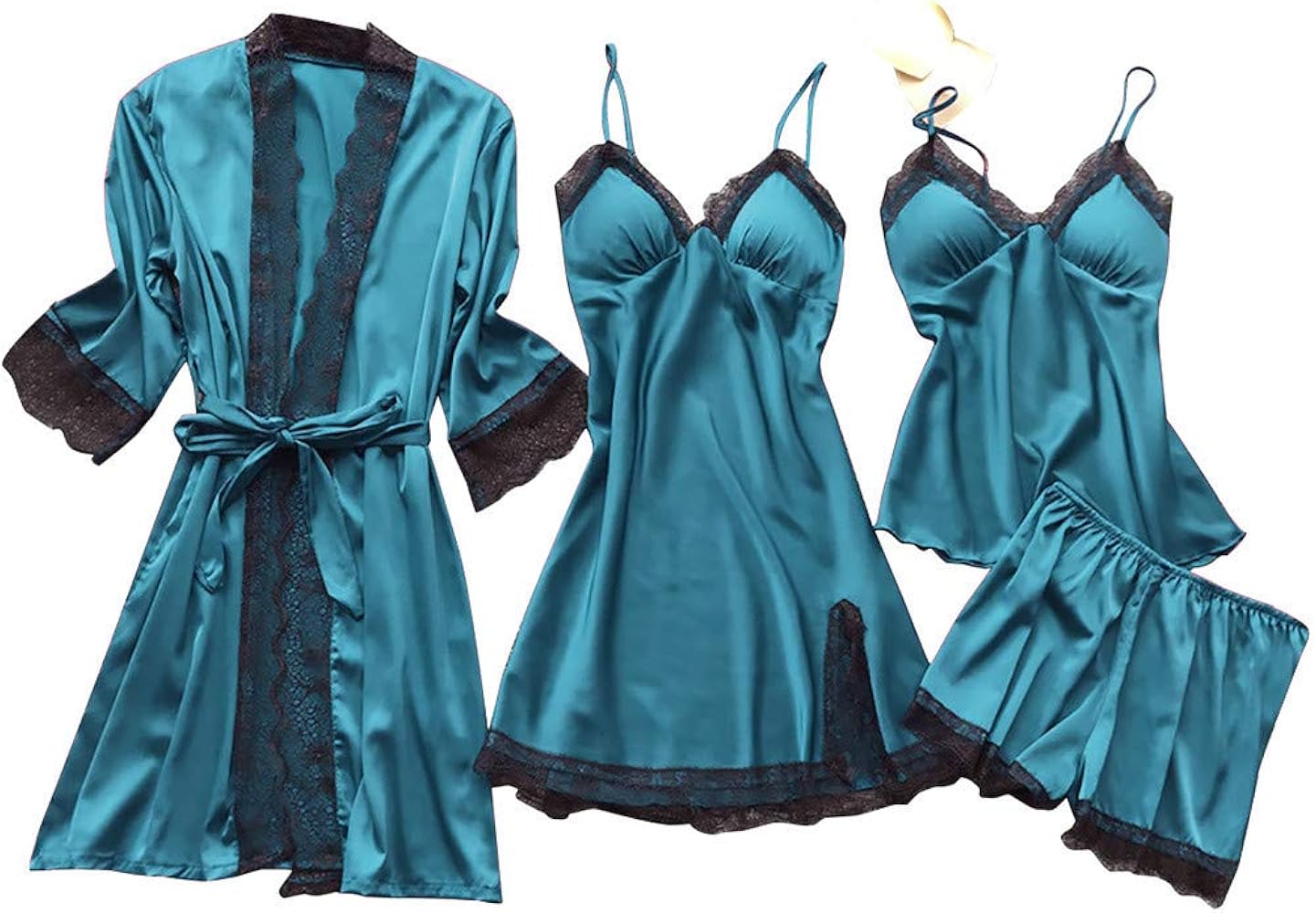 March Sale Big Spring Sale Womens 4PCS Silk Pajama Set Sexy Matching Satin Night Gowns Cute Lingerie Nighty Dress Silky Sleepwear Shorts S-5XL Lightning Deals of Today Prime Blue