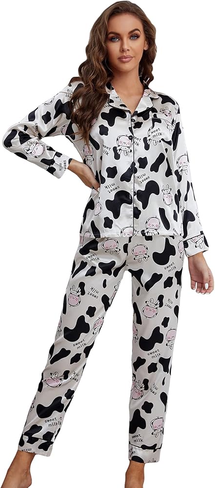 WDIRARA Women's Sleepwear Cow Print Button Front Shirt and Pants 2 Piece Satin Pajama Set