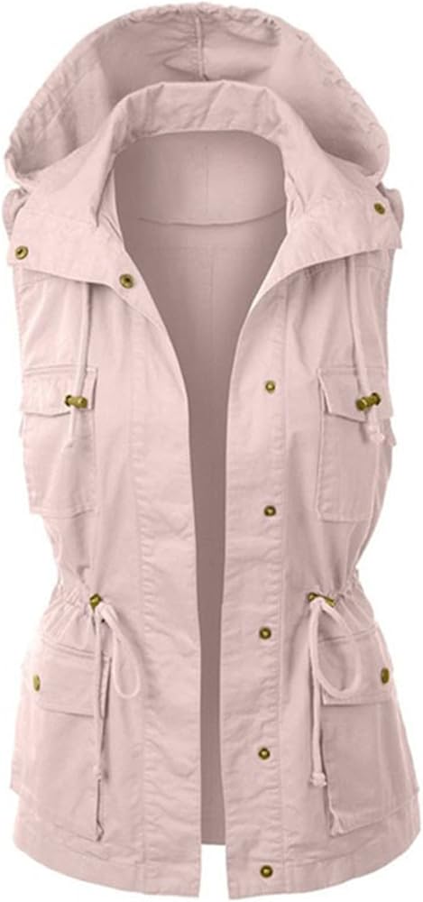 Vest Coats for Womens Hooded Vest Jacket Military Sleeveless Utility Safari Vest Casual Lightweight Drawstring Jackets Fall Pink