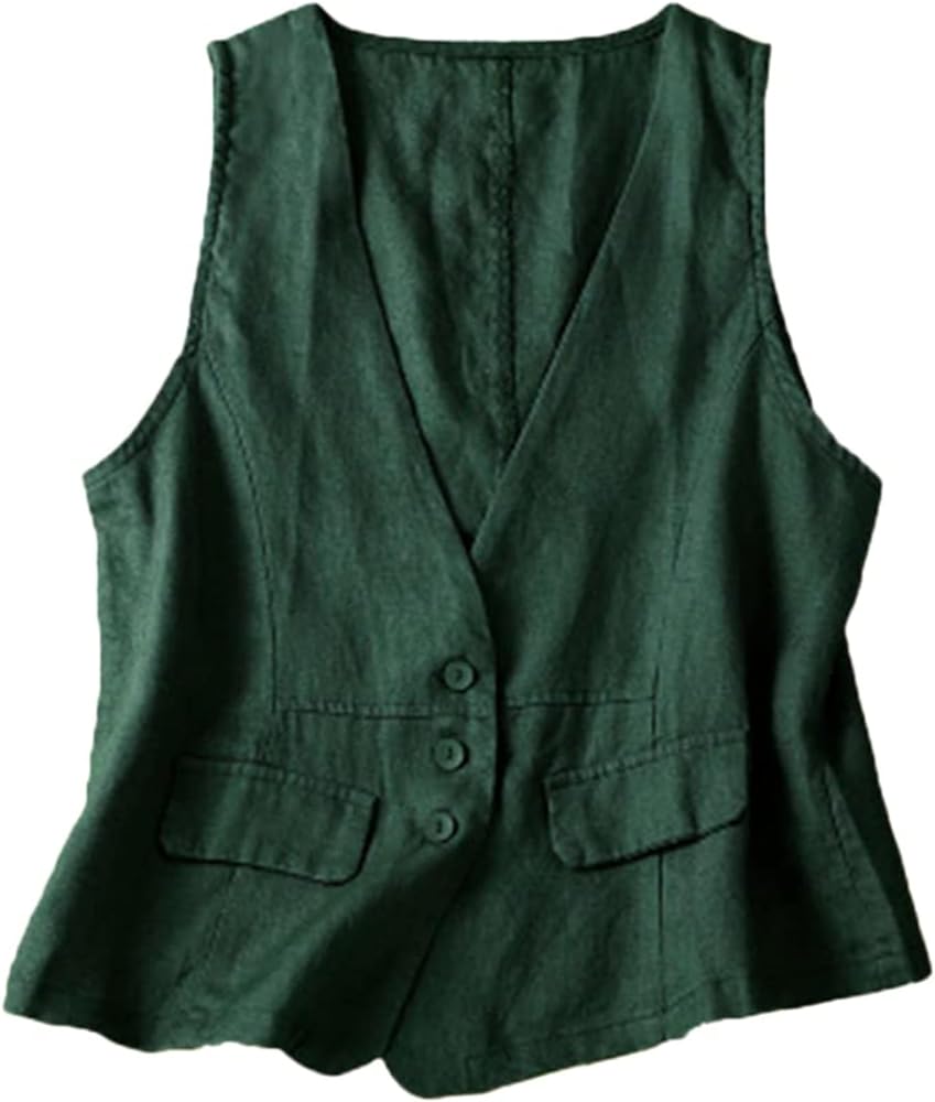 Women's Sleeveless Cotton Linen Vest Button Down V Neck Waistcoat Vest Jacket Summer Vest for Women Lightweight