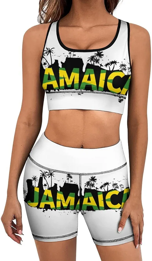 Yoga Suit Jamaica Flag Women's Yoga Outfit,2 Piece Set Gym Clothes Sports Bra and Shorts Leggings Set L