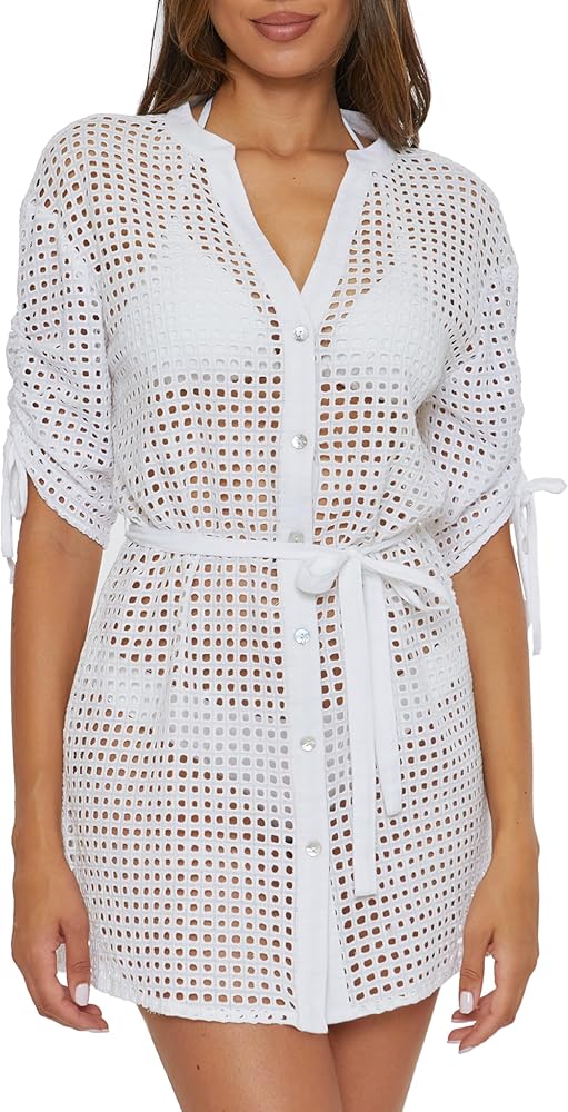 BECCA Gauzy & Lace Mesh Dress, Collared Button-up, Casual, Beach Cover Ups for Women