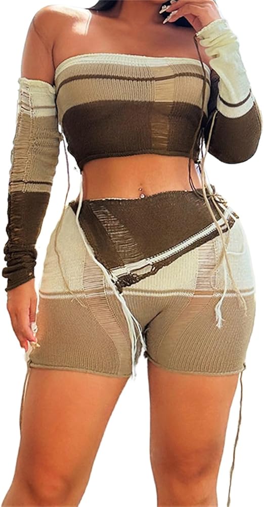 Women Sexy 2 Piece Shorts Set Knit Crochet Color Block Fringe Crop Top Bodycon Club Outfit