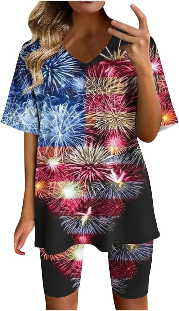 for Wife 2 Piece OutfitsPlus Size 4th of July OutfitsPatriotic Summer Short Sleeve V Neck Tops 3X with Yoga Shorts Workout Gym Set Two Piece Summer Sets Trendy 2024