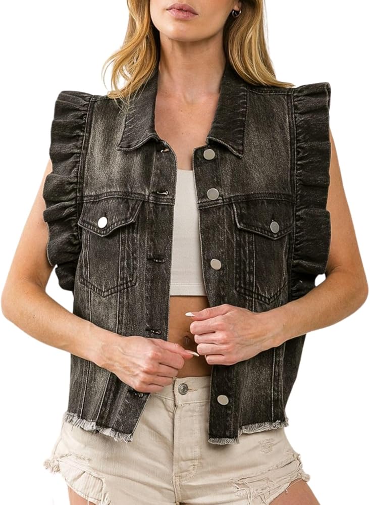 Womens Cropped Ruffled Denim Sleeveless Jacket Washed Ruffle Sleeve Button Down Denim Vest