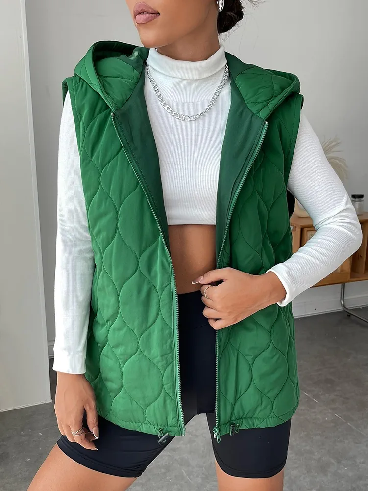 Jackets for Women Zip Up Hooded Quilted Vest Coat Jackets for Women (Color : Green, Size : Small)