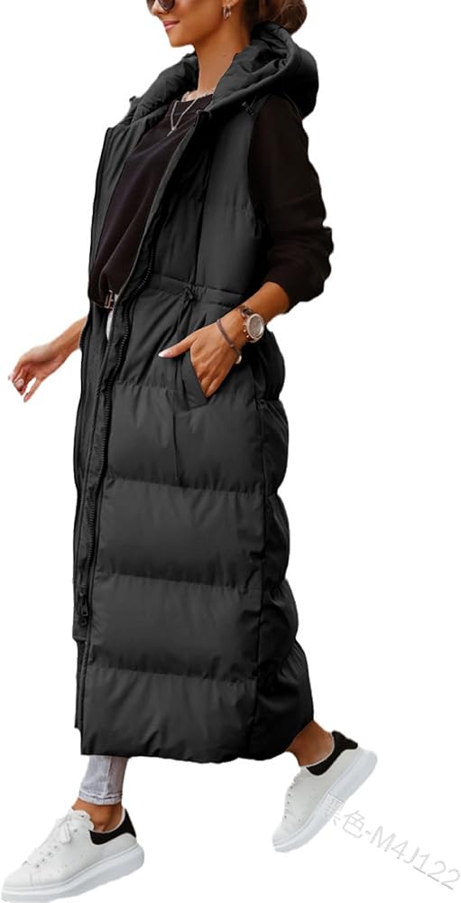 Long Puffer Vest for Women Sleeveless Zip Up Padded Hooded Vest Jacket Hoodie Outwear Coat with Pocket