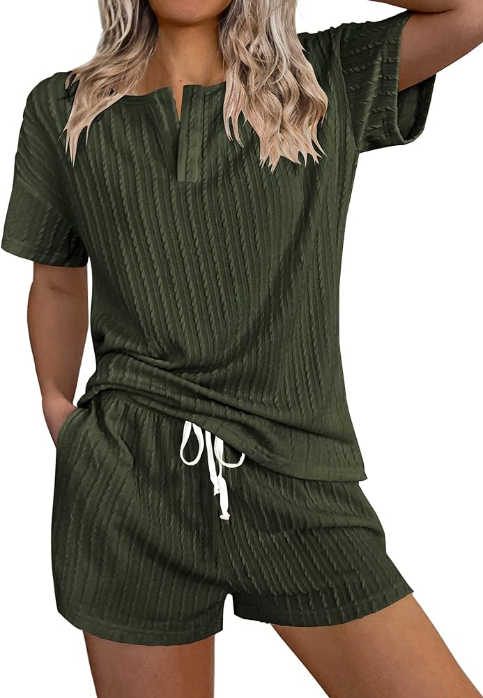 Ekouaer Ribbed Knit Lounge Sets for Women 2 Piece Outfits Short Sleeve Top and Shorts Pajama Sets Tracksuit Sweatsuits