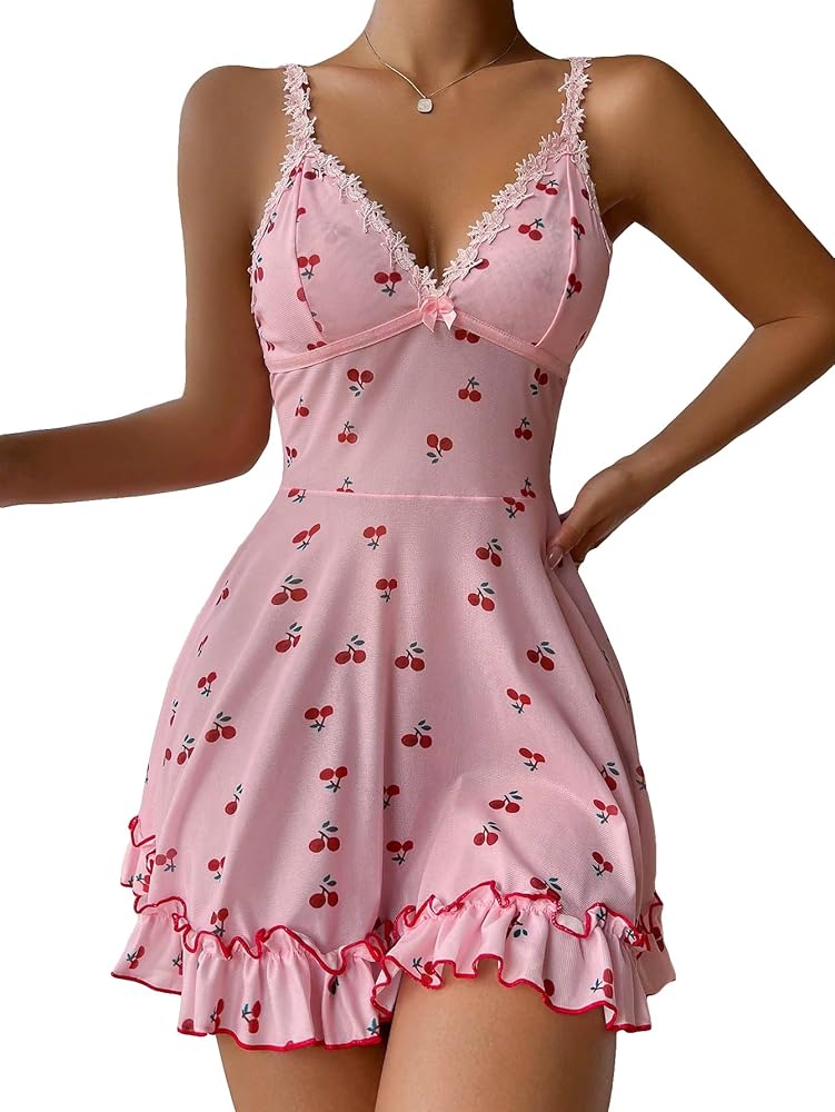 SOLY HUX Women's Cherry Print Lace Trim Ruffle Hem Cami Nightdress Sleeveless Nightgowns Sleepwear