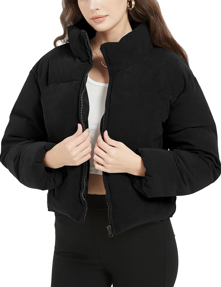 Women’s Corduroy Puffer Jacket Winter Quilted Coats Lightweight Ribbed Short Down Jackets Outerwear