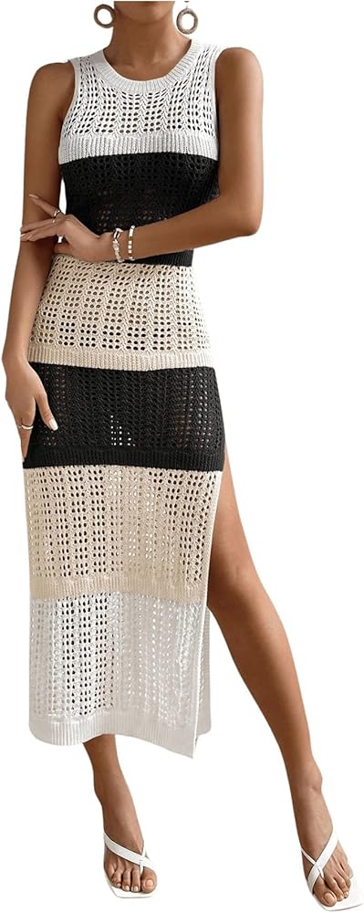 OYOANGLE Women's Crochet Hollow Out Sleeveless Split Thigh Beach Midi Tank Dress Bikini Cover Ups