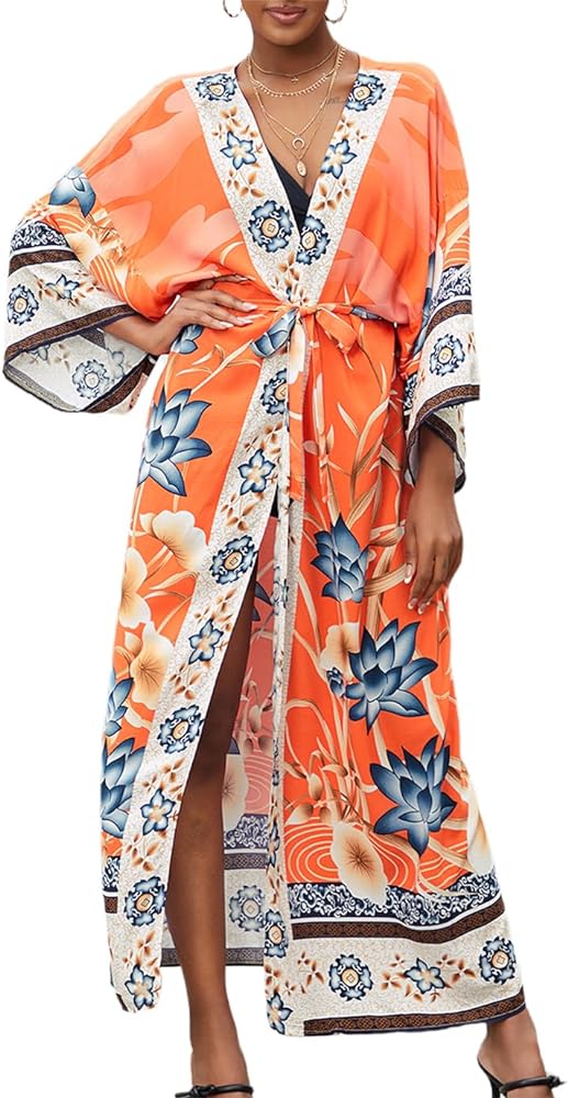 Eddoyee Print Bikini Cover Ups Long Sleeve Swimwear Women Print Beach Kimono Cardigan with Belt Swimsuits