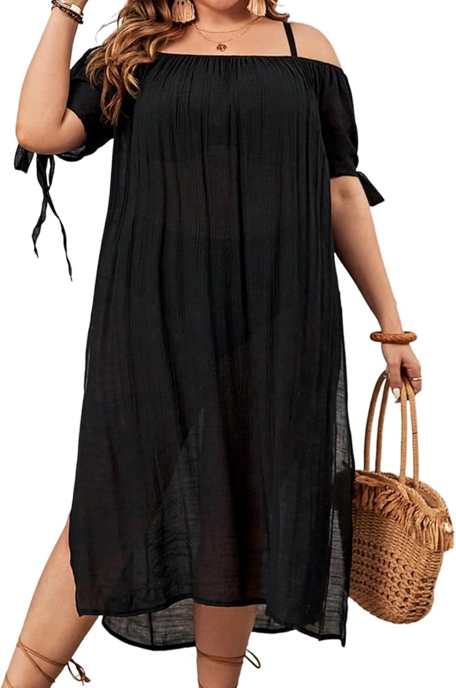 XAKALAKA Women's Plus Size Beach Swimwear Cover Up Off-Shoulder High Slit Bathing Suit Long Cover-Up Dress