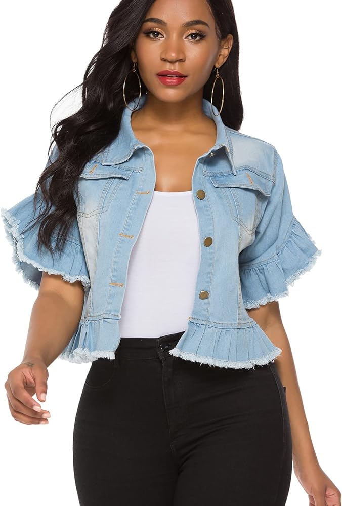 Suvimuga Women's Denim Jacket Button Down Distressed Ruffle Sleeve Crop Jean Jackets Coat