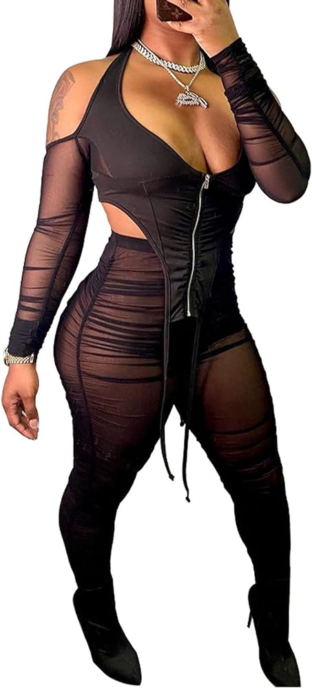 Uni Clau Women Two Piece See Through Jumpsuit Long Sleeve Sheer Mesh Crop Tops See Through Bodycon Long Pants Set Jumpsuit