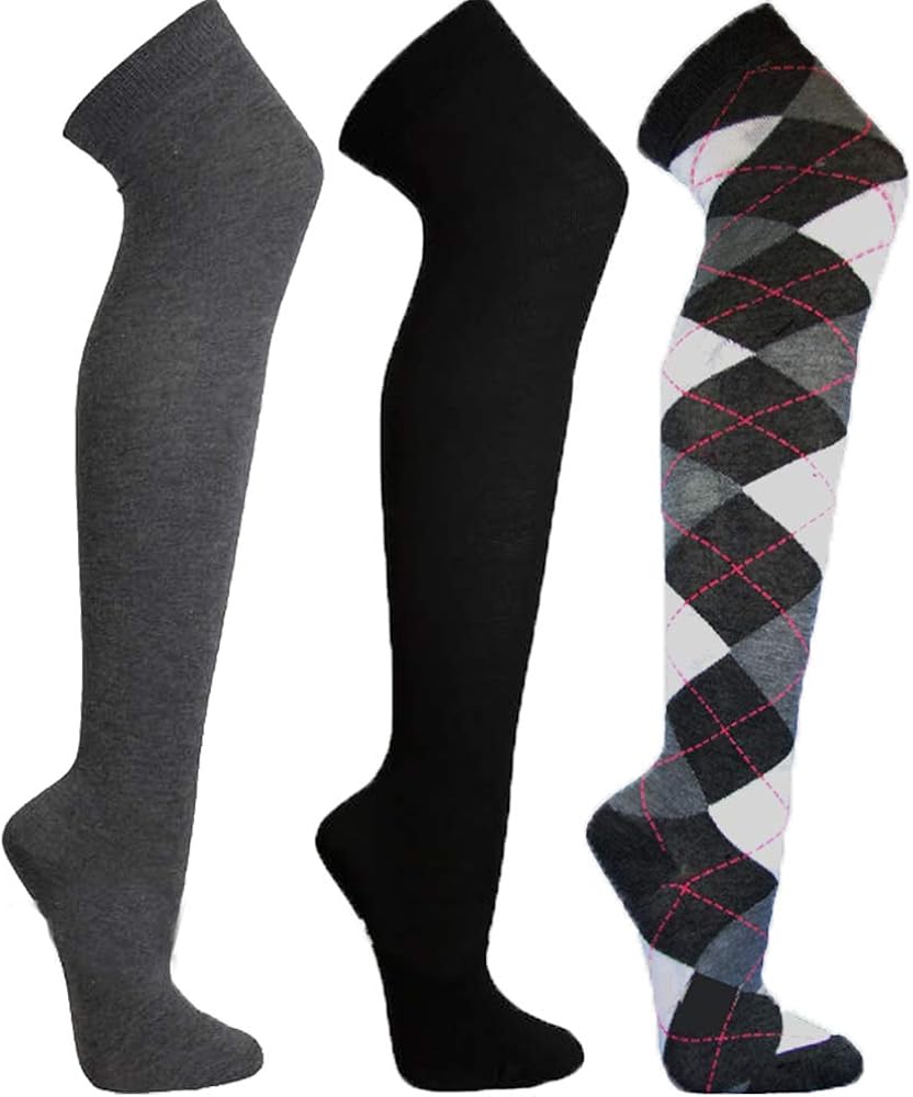 Over The Knee Socks Striped For Women - Argyle Ladies Thigh High Knee Sock - 3 Pack Comfortable Stocking Hosiery