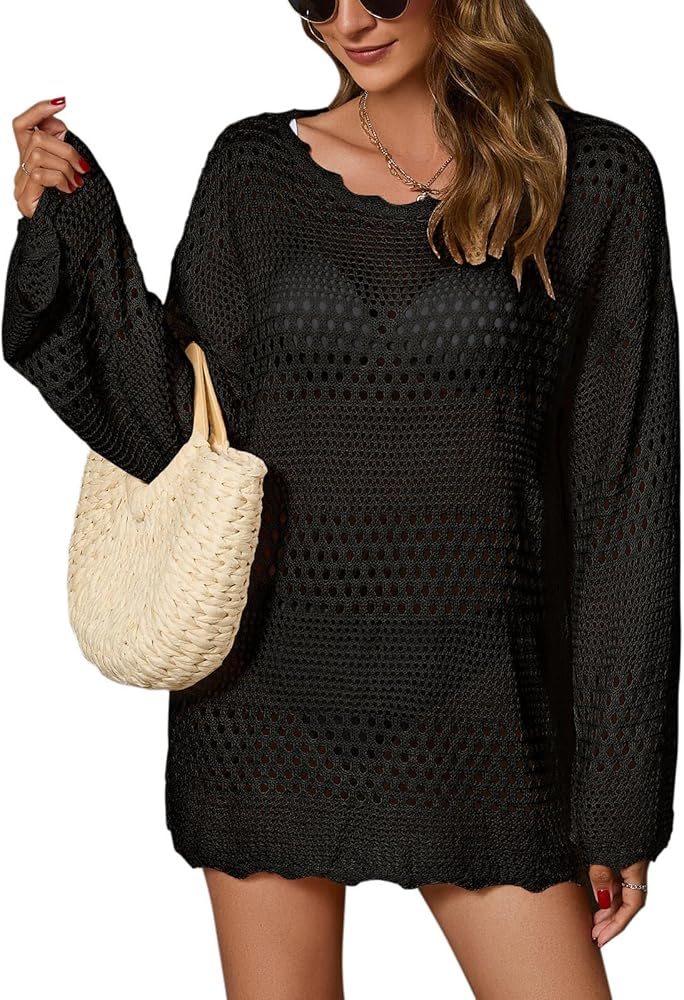 Beach Cover Ups, Bathing Suit Cover Up For Women Crochet Long Sleeve Hollow Out Shirt Swimsuit Dress