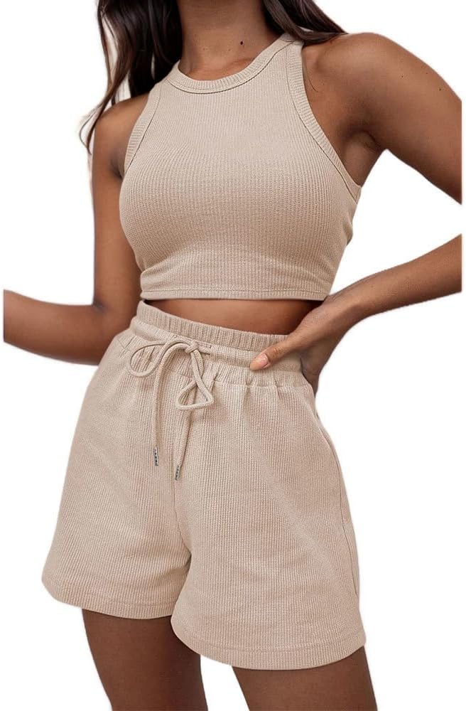 Lounge Sets for Women Summer Outfits Sleeveless Crop Top and Shorts Workout Sets Ribbed Knit Tracksuits Sweatsuits