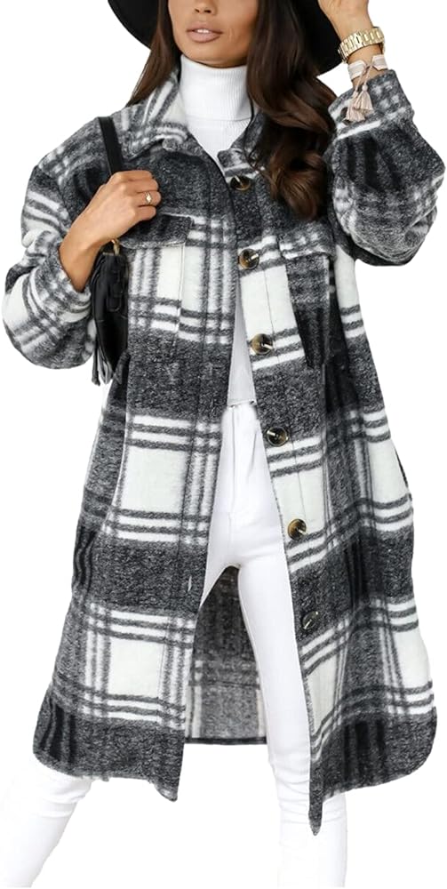 Womens Casual Lapel Button Down Long Plaid Jacket Shacket Tartan Brushed Pocketed Coat