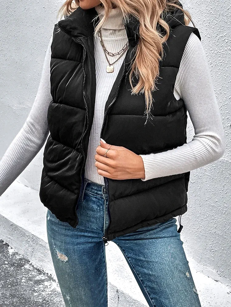 Women's Jackets Zip Up Drawstring Hem Vest Puffer Coat Women Jackets (Color : Black, Size : Large)