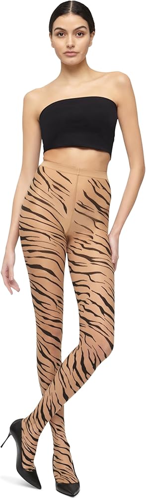 Wolford Tiger Sheer Tights For Women Pantyhose Hosiery Stocking Sheer Opaque All-Over Tiger Stripe Pattern Knitted Waistband