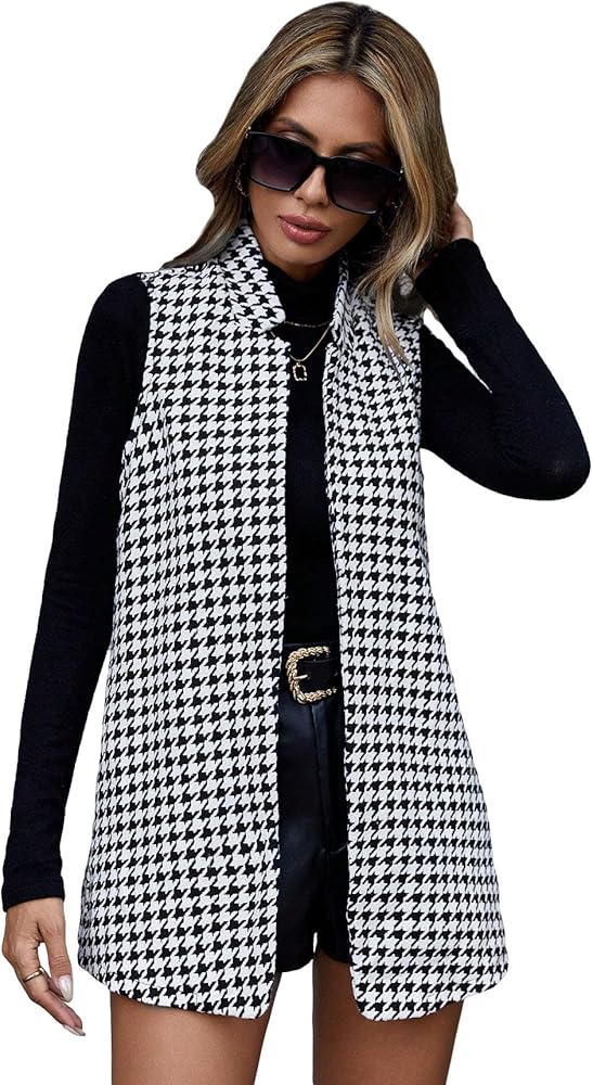 WDIRARA Women's Houndstooth All Over Printed Open Front Sleeveless Oversized Casual Vest Jackets