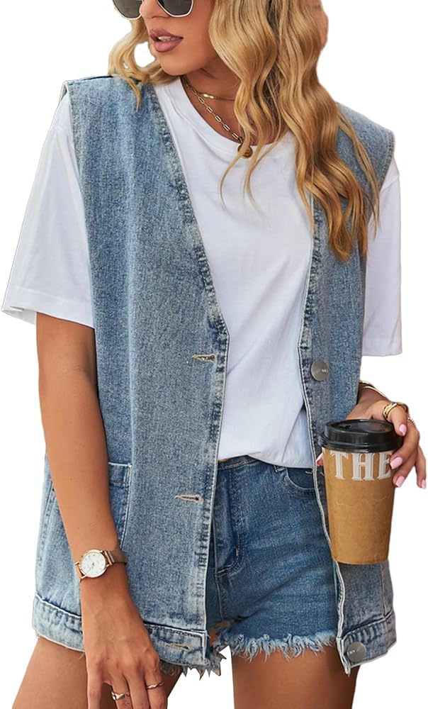 HOTIAN Women's Oversized Denim Vest Distressed Mid Long Sleeveless Jean Jacket Waistcoat with Pockets S-XXXL Summer