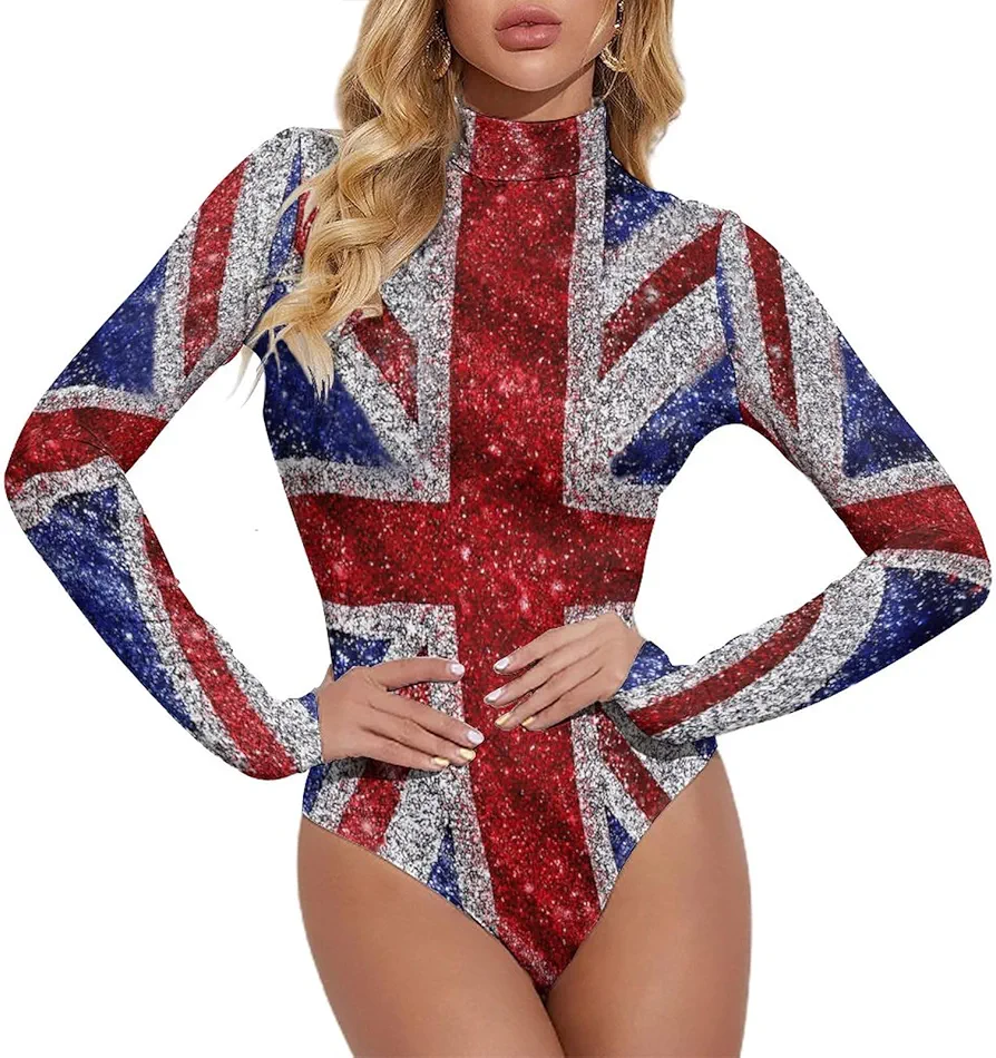 British Flag Women's Mock Turtle Neck Long Sleeve Tops Bodysuit Jumpsuit L