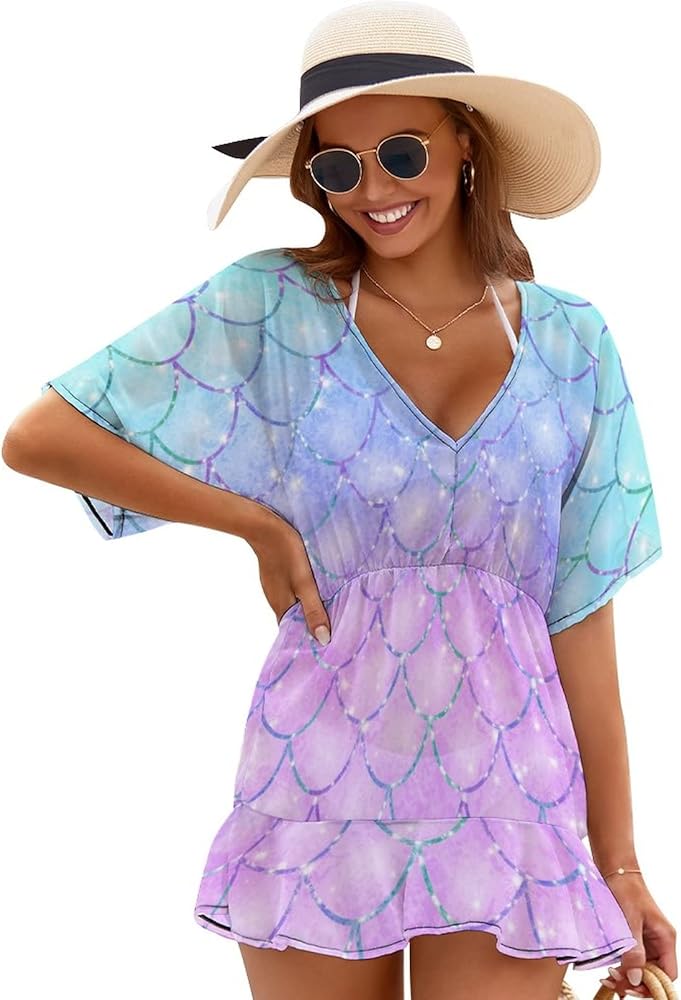 Women's Swimwear Cover Ups Summer Beachwear Coverups Sexy Bathing Suit Beach Dress V-Neck Bikini Beach Tunic Top S-2XL