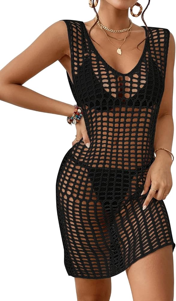 AILUNSNIKA Sexy Crochet Cover Ups for Swimwear Women Swimsuit Cover Up Hollow Out Knit Cover Up Mesh Beach Dress